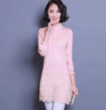 2015春装新款韩版女装钉珠修身九分袖衬衫式中长款蕾丝打底衫