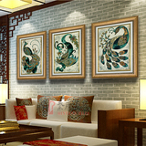 复古中国风客厅装饰画新中式书房玄关过道三联有框油画 有凤来仪
