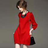 裙子春款欧美品牌新款茧型罗马棉灯笼裙结婚新娘大红色连衣裙礼服
