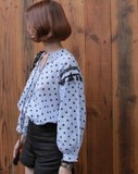 2016夏韩国正品代购女装 直邮 天蓝色波点灯笼袖娃娃款衬衫 BA