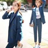 韩国代购时尚潮休闲简约韩版双排扣两件套西服宽松西装套装女韩国