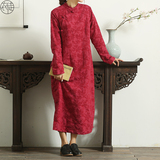 2015新款女装长袖旗袍秋冬中式服装显瘦盘扣长款复古暗红色连衣裙