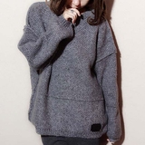 正品韩国代购纯色针织毛衣 2015秋冬大码宽松蝙蝠套头圆领外套 女