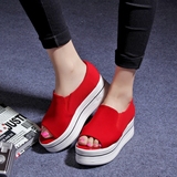 韩版流行女鞋春夏透气布面条纹松糕厚底增高女鞋鱼嘴单鞋坡跟鞋