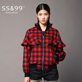 SS＆992016秋季新款短款外套时尚潮宽松格子荷叶边女士棒球服潮