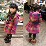 女童连帽棉衣外套秋冬季新款韩版儿童加厚中长款格子修身毛呢大衣