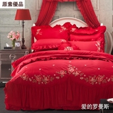 婚庆四件套大红刺绣蕾丝床上用品纯棉绣花欧式简约全棉1.82.0床品