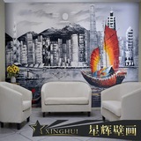 3d手绘香港黑白建筑油画墙纸书房办公室客厅电视背景餐厅酒店壁纸