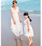 女童白色雪纺连衣裙背心裙亲子装母女长裙海边拍照渡假旅游沙滩裙