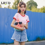 LRUD2016夏季新款韩版圆领撞色爱心贴花短袖T恤女修身休闲打底衫