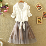 夏装新款韩版短袖衬衫背心裙两件套装修身蓬蓬公主蕾丝网纱连衣裙