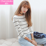 Cherrykoko2016春季女一字领细条纹针织衫长袖打底衫针织T恤上衣