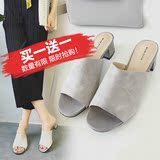 JPAI2016夏季新款真皮凉拖女韩版休闲单鞋粗跟中跟拖鞋女一字拖女
