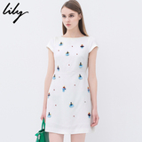 Lily2016夏装新款女装修身纯色钉珠短款短袖连衣裙115210J7197