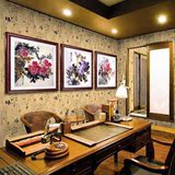 中式牡丹花鸟国画装饰画客厅现代有框画花开富贵三联挂画壁画