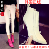 韩国代购真皮米色细高跟单靴踝靴 红色婚靴女高跟短靴尖头女靴子