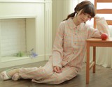 出口日本/台湾 女士纯棉双层纱布长袖长裤格纹睡衣居家服无印风格