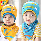2015春秋新款韩版儿童帽宝宝帽小汽车棉布套头帽三角巾2件套包邮