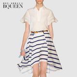 Bqueen2016夏季新款欧美镂空荷叶袖撞色拼接条纹大摆衬衫连衣裙女