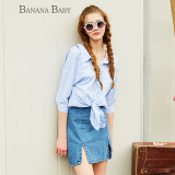 香蕉宝贝2016夏季韩版新款纯棉蓝白条纹衬衣宽松挂脖衬衫女装上衣
