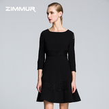 ZIMMUR2016春装新款女装圆领七分袖A字裙修身显瘦蕾丝拼接连衣裙