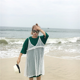 韩国夏装新款V领透视圆点蕾丝吊带连衣裙内搭纯色T恤两件套