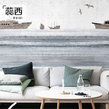蕊西 手绘中式海面帆船壁画 禅意书房卧室电视背景墙纸 定做壁纸