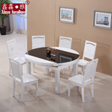 鑫雅小户型实木伸缩折叠钢化玻璃家用烤漆餐桌椅组合6人吃饭圆桌