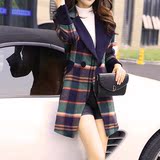 2015秋冬新款韩版小香风修身显瘦中长款格子毛呢外套大码女装