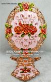 新款Z2俄罗斯折叠化妆镜可立式手柄镜花边形玫瑰椭圆玫瑰金绿叶美
