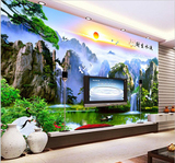 高清瀑布风景山水3D立体电视背景墙纸客厅无缝壁画壁纸布流水生财