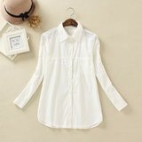 新款韩版修身蕾丝全棉拼接长袖女式白衬衫大码女装打底衫女衬衫