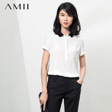 Amii2016秋冬季POLO领大码短袖修身拼色打底中长款新款女装T恤