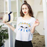 2016夏装韩版休闲宽松女士七分袖T恤卡通印花短款百搭蝙蝠袖上衣