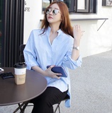 韩国代购2016夏装新款韩版休闲宽松纯色翻领衬衣长袖衬衫女中长款