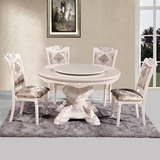 法式天然大理石餐桌台 欧式餐桌椅组合圆桌带转盘 白色家用6人