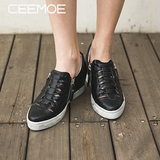 CEEMOE新款两侧拉链镂空编织休闲内增高真皮女鞋个性牛皮乐福鞋潮