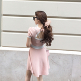 2016夏装新款代购韩国女装小香风显瘦粉色性感露背针织连衣裙
