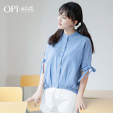 OPTOPT2016夏装新款休闲竖条纹衬衫女短款短袖文艺蓝色衬衣R1056
