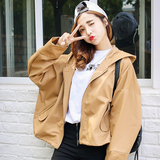2016秋季韩版女装连帽蝙蝠袖宽松大码薄外套纯色拉链衫短款风衣潮