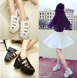 韩版夏季松糕防水台黑白色厚底包头高跟鞋学生粗跟凉鞋女坡跟女鞋