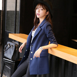 2016春季新品条纹小西装女外套长袖韩版中长款气质休闲显瘦小西服