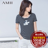 Amii 极简主义 网布拼接撞色条纹卡通印花修身T恤女款短袖海魂衫