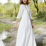 棉麻连衣裙 2016白色亚麻长裙 文艺复古简约气质显瘦长款春夏裙子
