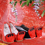 ◆七七坊◆汉服华古装中式7cm高跟女布男鞋新娘翘头履秀心二 红黑