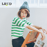 LRUD2016秋季新款韩版短款条纹弹力中袖针织衫女修身圆领套头毛衣