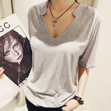 新款春季韩版女装V字领t恤体桖长款宽松短袖小衫加大码显瘦打底衫
