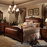 美式乡村床 高档真皮双人床 1.8米大床柱子床 欧式实木雕花皇帝床