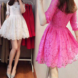 韩国代购2016春季新款小香风绣花蕾丝连衣裙女装修身显瘦打底裙子