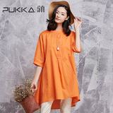 Pukka/蒲牌2016夏装新款原创设计品牌女装宽松中袖刺绣棉麻衬衫